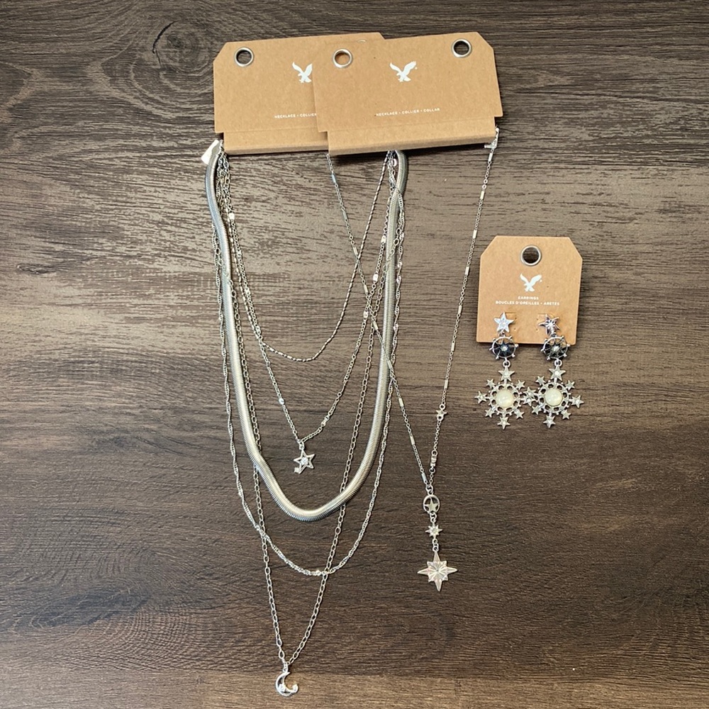 American Eagle Jewelry Set Necklaces Earrings Silver Snowflake Moon Star Compass